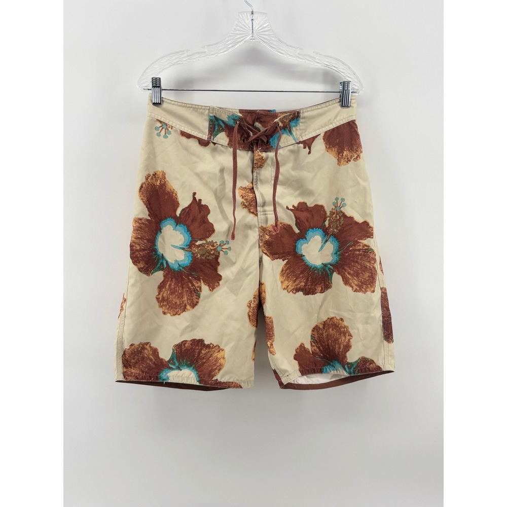 BKE Mens Hibiscus Floral Board Shorts Tan Brown Swim Trunks Size 31 RN105706